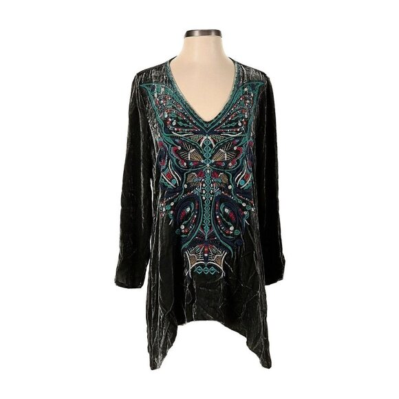 NWT Johnny Was Petite Aurelia Tunic in Steel Gray Butterfly Embroidered Top SP